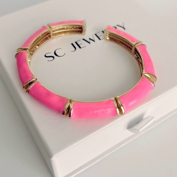 Cuff Pink Bracelet | Handcrafted 22K Gold Tone | Enameled Luxury Jewelry - Picture 2 of 11